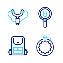 Set line Canteen water bottle, Hiking backpack, Paw search and Slingshot icon. Vector