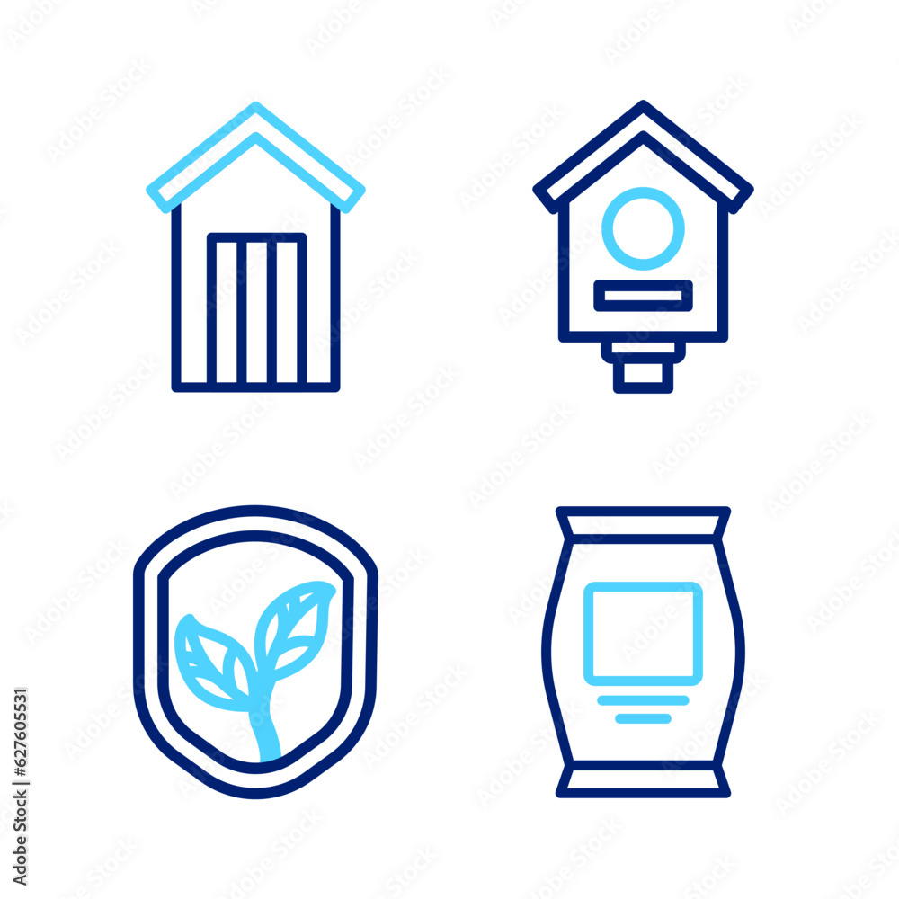 Sticker set line fertilizer bag, shield with leaf, bird house and wooden outdoor toilet icon. vector