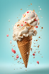 a clean detailed studio photo of a huge ice cream waffle cone with dripping sweet ice cream flying in the air on blue background. Food ingredient levitation. Generative AI technology
