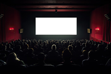 Fototapeta na wymiar Many People in the cinema hall with empty white screen board