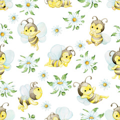 Obraz na płótnie Canvas Cute bees, bouquets of daisies. Watercolor seamless pattern in cartoon style, on an isolated background.