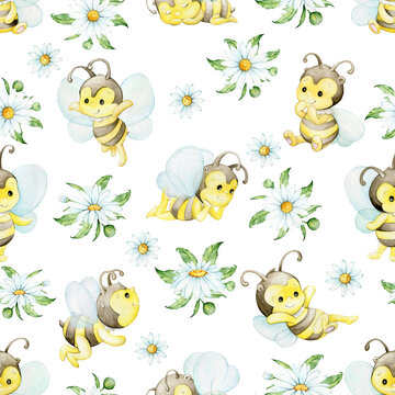 Cute bees, bouquets of daisies. Watercolor seamless pattern in cartoon style, on an isolated background.