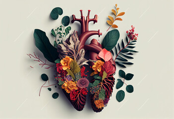anatomical human heart made of flowers and leaves . created with generative AI technologu - obrazy, fototapety, plakaty