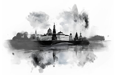 Moscow in black and white colors, water color. AI generative content