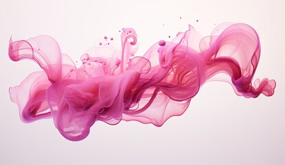 Naklejka premium Generative AI, Flowing light pink, viva magenta smoke with splashes. Soft fluid banner, spring female mood, 3D effect, modern macro realistic abstract background illustration, ink in water effect..