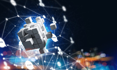 Concept of Internet and networking with digital cube figure on dark background