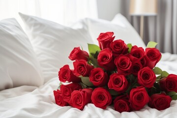 Love Blossoms: Bouquet of Red Roses on a White Bed, Generative AI