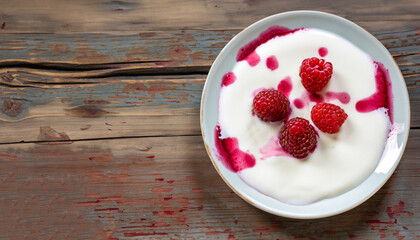 fresh greek yogurt with colored stains of berry juice and whole raspberry, dewberry on plate on old wooden table, view from above