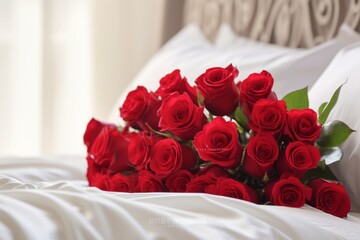 Love Blossoms: Bouquet of Red Roses on a White Bed, Generative AI