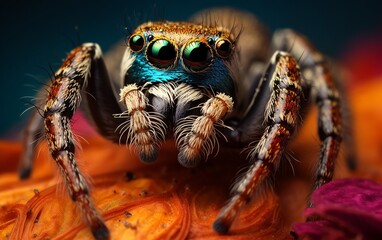 Zoom in on a stunning macro shot of a jumping spider poised on a delicate flower petal, ai generated.
