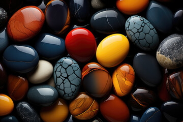 an arrangement of various colored stones, in the style of hyperrealistic murals, ai generated.