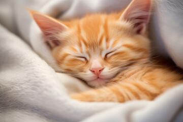 Fototapeta na wymiar Adorable little orange kitten sleeping on a furry white blanket after being tired from playful, ai generated. 