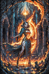 Dark witch and fire in ruins