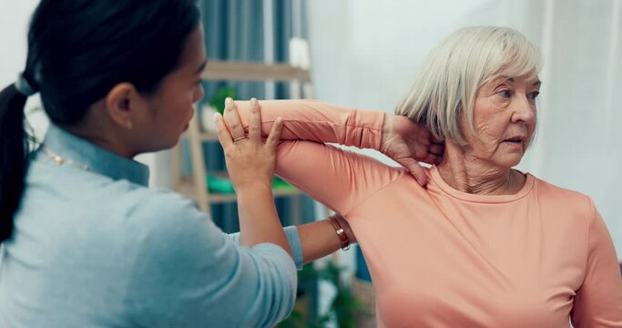 Physiotherapist, elderly or woman stretching elbow to help physical therapy for mobility rehabilitation. Senior patient, flexibility or chiropractor with muscle healing exercise for shoulder injury