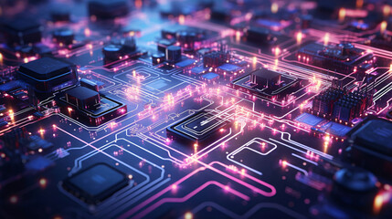Fototapeta premium futuristic electronics circuit board with lights and cables vector illustration, in the style of computer-aided manufacturing, ai generated. 