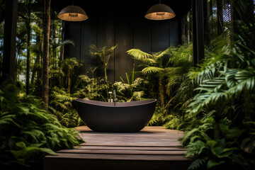 garden background with a flowerfilled bathtub and tall plant, in the style of minimalist stage designs, dark green, ai generated.
