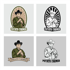 Potato Farmer Badge Emblem, Farmer Vintage Detailed Logo Vector Set