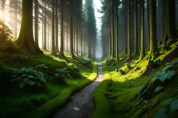 Fototapeta na wymiar green forest in the morning generative by Al technology
