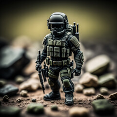 Macro photography of a miniature commando in forest with his arms figurine insert activity and object here. AI Generative
