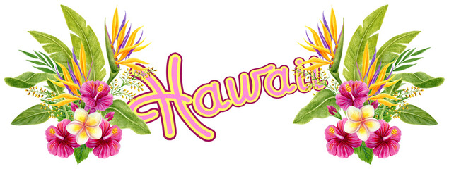 Fototapeta na wymiar Tropical watercolor painting with strelitzia, hibiscus rose flowers, frangipani and palm leaves. Design border element. Aloha Hawaii greeting.