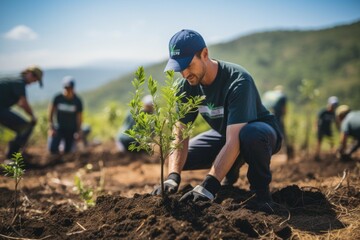 Volunteering. Young people volunteers outdoors reforestation. Generative AI