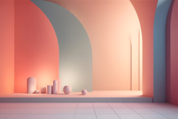 3d rendering, interior design: a pastel wall background, sunset lighting. Generative AI