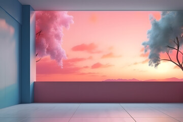 3d rendering, interior design: a pastel wall background, sunset lighting. Generative AI