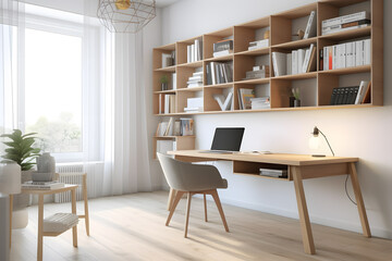 Bright and airy study room with a minimalist desk, ergonomic chair, and wall-to-wall bookshelves. Generative AI
