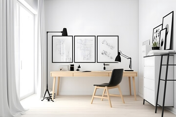 Bright and airy study room with a spacious white wall and an empty frame mockup, offering the freedom to showcase preferred prints or photographs. Generative AI