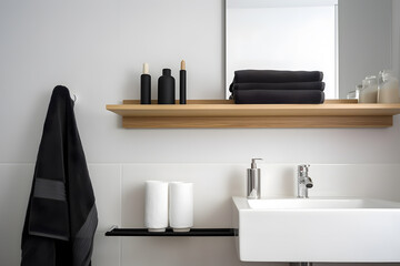 Contemporary bathroom with an empty wall and a small shelf holding neatly folded towels. Generative AI