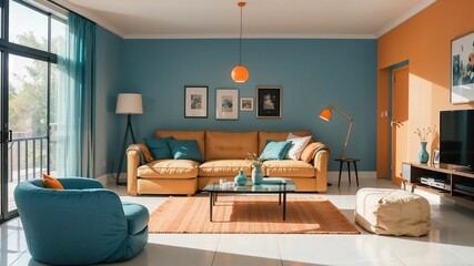 teal and orange color, modern living room