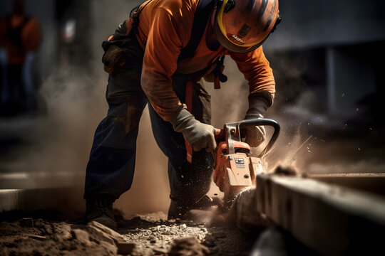 Motion blur image of a construction worker operating a jackhammer, showcasing the physicality and intensity of their labor. Generative AI