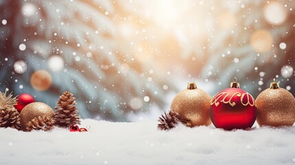 Naklejka na ściany i meble christmas background with baubles and snow