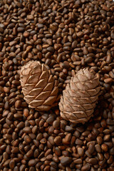 Texture of cedar or pine nuts and two ripes in center, vartical orientation close-up