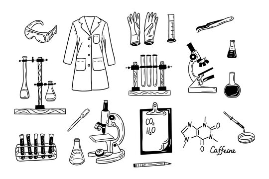 Collection of hand drawn doodle science items. Vector isolated outline elements on white background. Test tubes, microscope, pipettes, tripod. Sketch design. Ideal for coloring pages, stickers, tatoo
