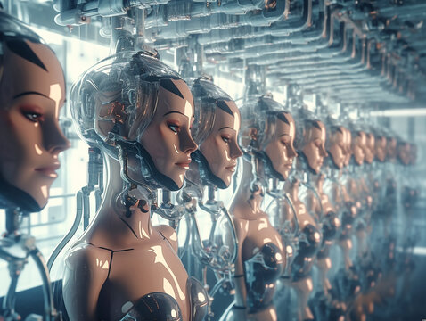 android woman in robot factory, Generative AI