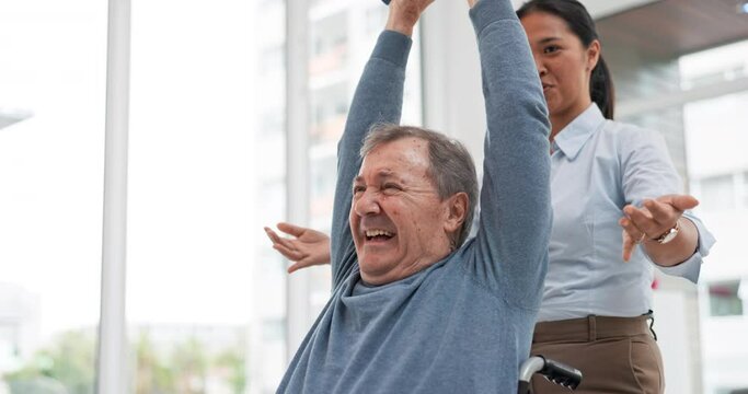 Physical therapy, senior patient with dumbbells and chiropractor with weightlifting, monitor progress and exercise. Help, support with old man and woman at clinic, muscle and health with physio