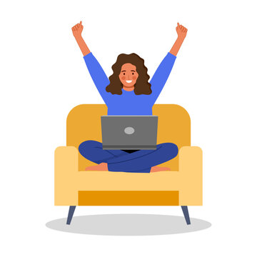 Businesswoman happy and successful with her work in flat design on white background.