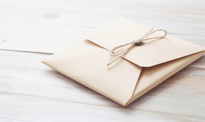 An unopened beige envelope on a white wooden background.