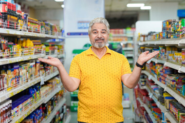 Senior indian man giving expression while purchasing at grocery shop.