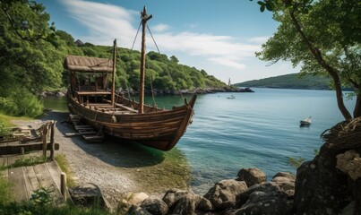 Naklejka na ściany i meble Norse vessel secured by the shore, Vikings disembark