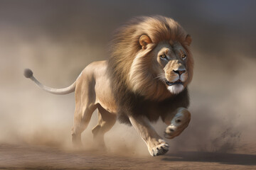 a large lion running across a dirt field, a photorealistic, generative AI