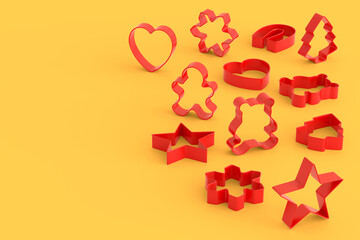 Set of metal cookie cutters for homemade Christmas biscuit on monochrome