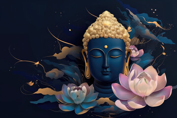 Golden buddha and lotuses, generative AI - obrazy, fototapety, plakaty