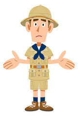 探検家の服を着た男性の諦めの仕草
