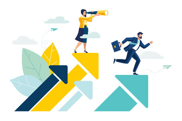 teamwork vision path goal success. study horizons company work finding ways develop. people stand profit, growth arrows look binoculars, big telescope spyglass in search new ideas vector illustration - obrazy, fototapety, plakaty