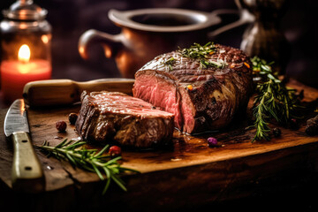 Grilled delicious steak on a wooden board , Juicy steak beef served with tomatoes and vegetables on a black wooden background , Created with Generative Ai