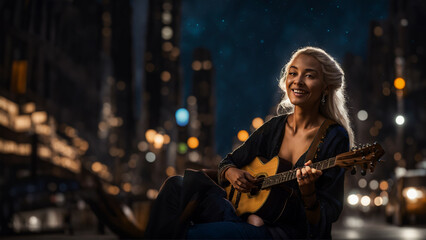 Fototapeta na wymiar African american woman playing guitar in the city at night. Smiling. Blurry nigh city background.