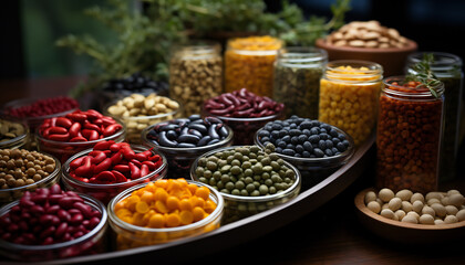 Photographic still life of different legumes in glass bowls. Illustration AI