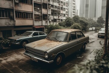 Old car in new city amidst skyscrapers. Generative AI